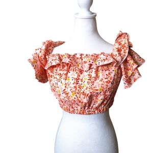 Finders Women's Small Floral Ruffle Crop Top Blouse Boho Peasant Feminine Frilly